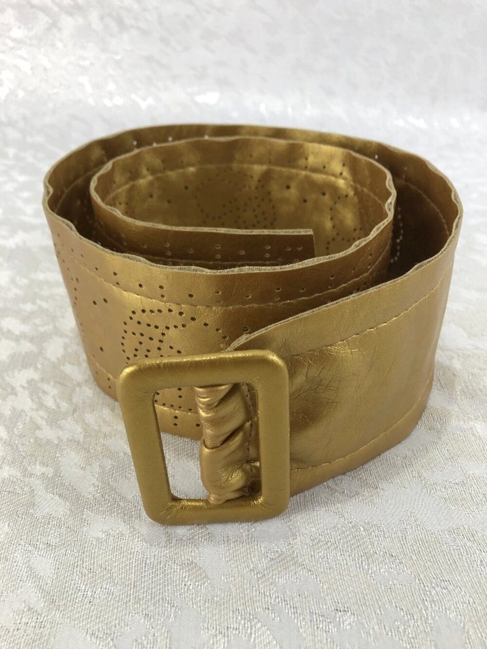 Gold Faux Leather Unbranded Belt Friction Buckle Decorative Hole-Punched 3”x37”